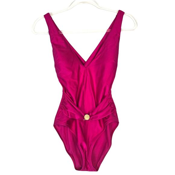 L'Agence Shimmer Solids Lisa Plunge One-Piece Swimsuit Fuchsia  Small NEW - Picture 2 of 10